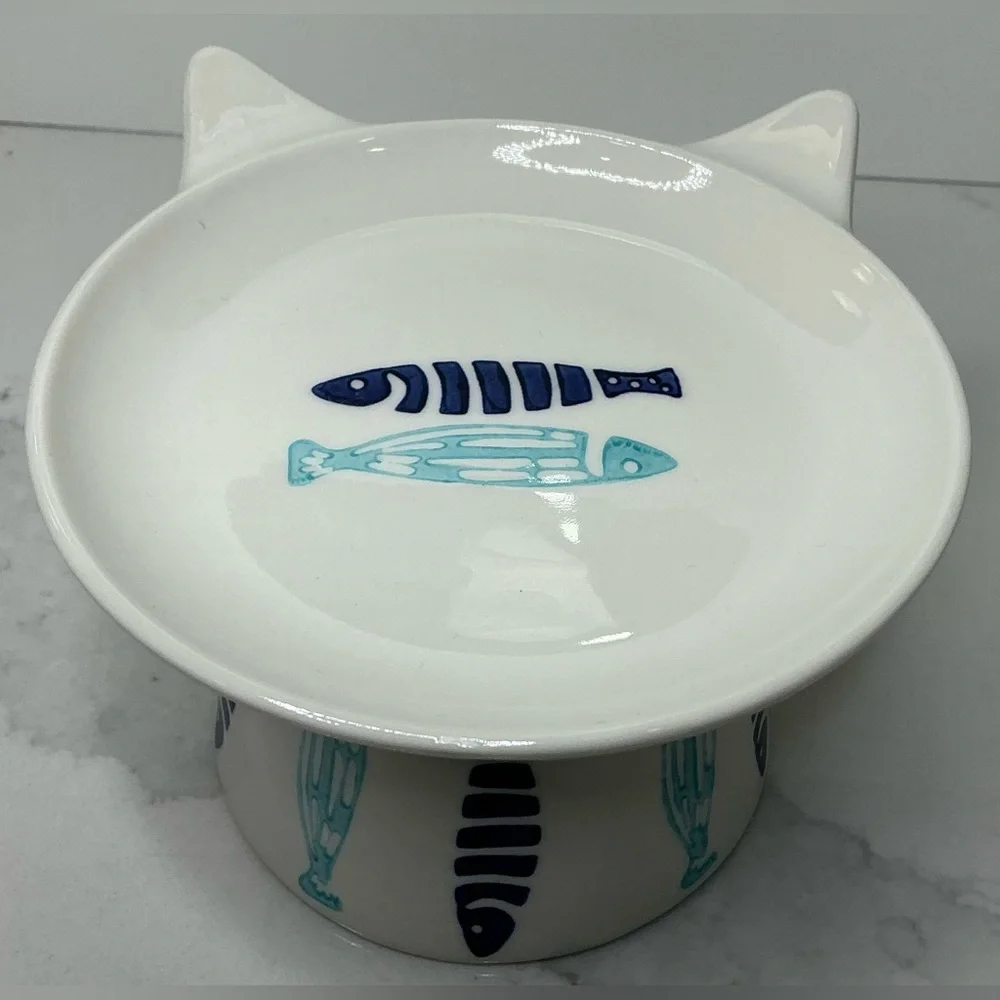 Signature Elevated Bowl Cat Food Blue & Aqua Ceramic Fish Design New
